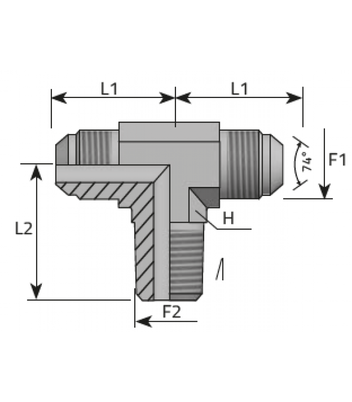 Тройник краен, резба JIC 37°, конус 74° към BSP резба